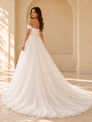Off-the-Shoulder A-Line Tulle Wedding Dress with Pleated Bodice & Lace Appliqués