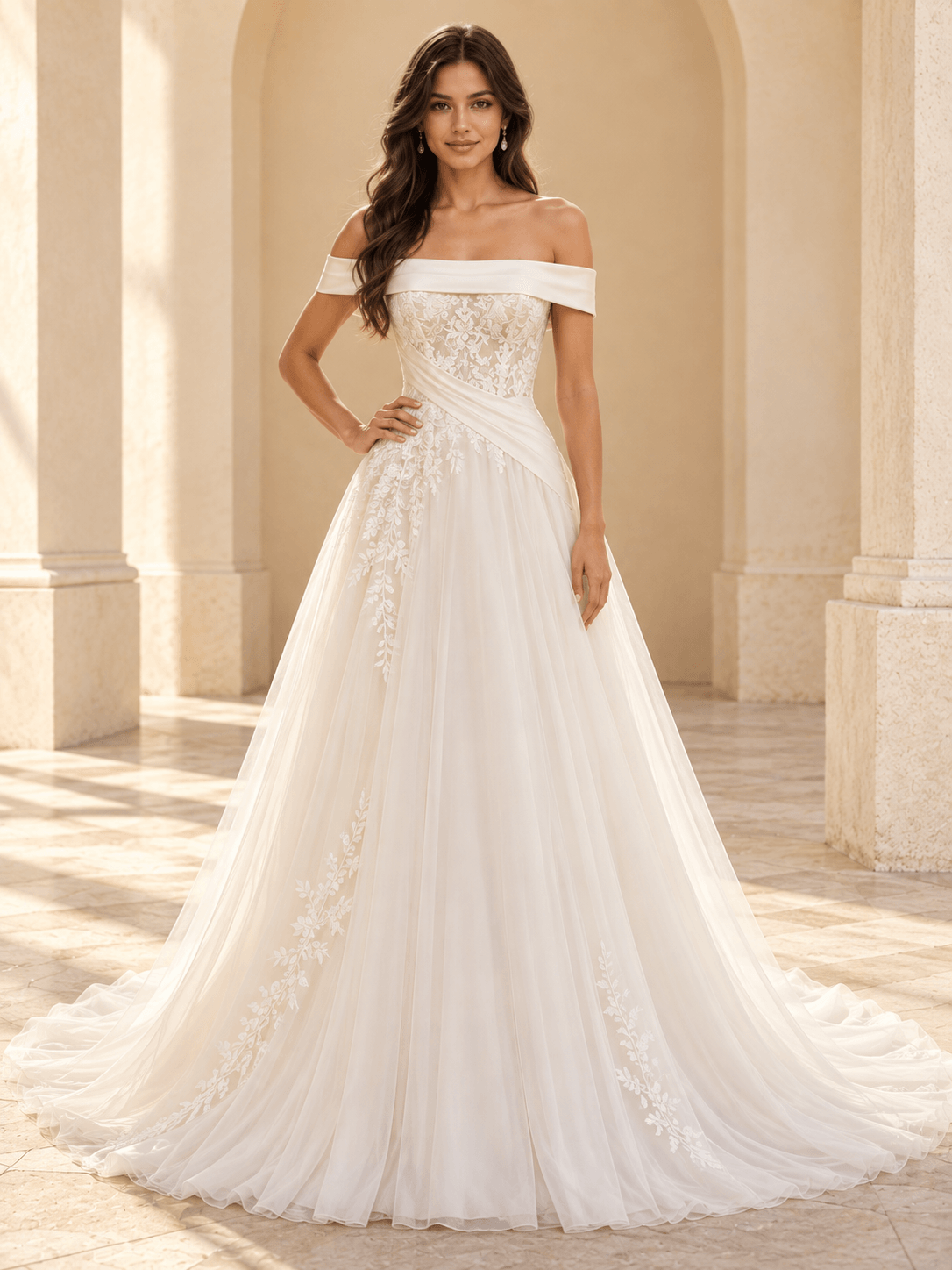 Off-the-Shoulder A-Line Wedding Dress with Lace Bodice & Draped Waist