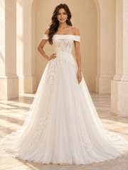 Off-the-Shoulder A-Line Wedding Dress with Lace Bodice & Draped Waist