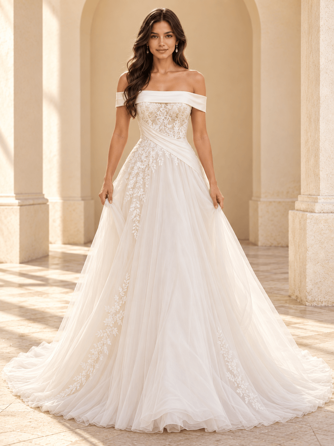 Off-the-Shoulder A-Line Wedding Dress with Lace Bodice & Draped Waist