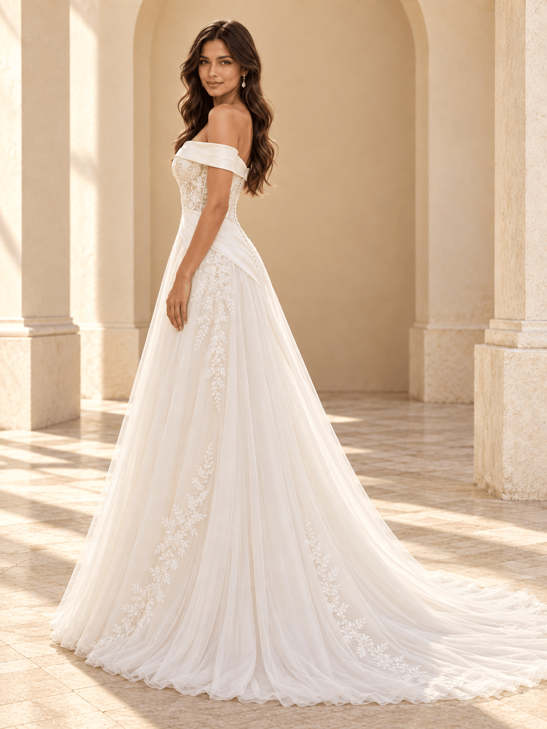Off-the-Shoulder A-Line Wedding Dress with Lace Bodice & Draped Waist