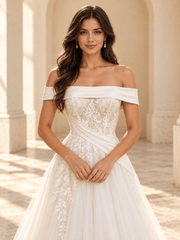 Off-the-Shoulder A-Line Wedding Dress with Lace Bodice & Draped Waist