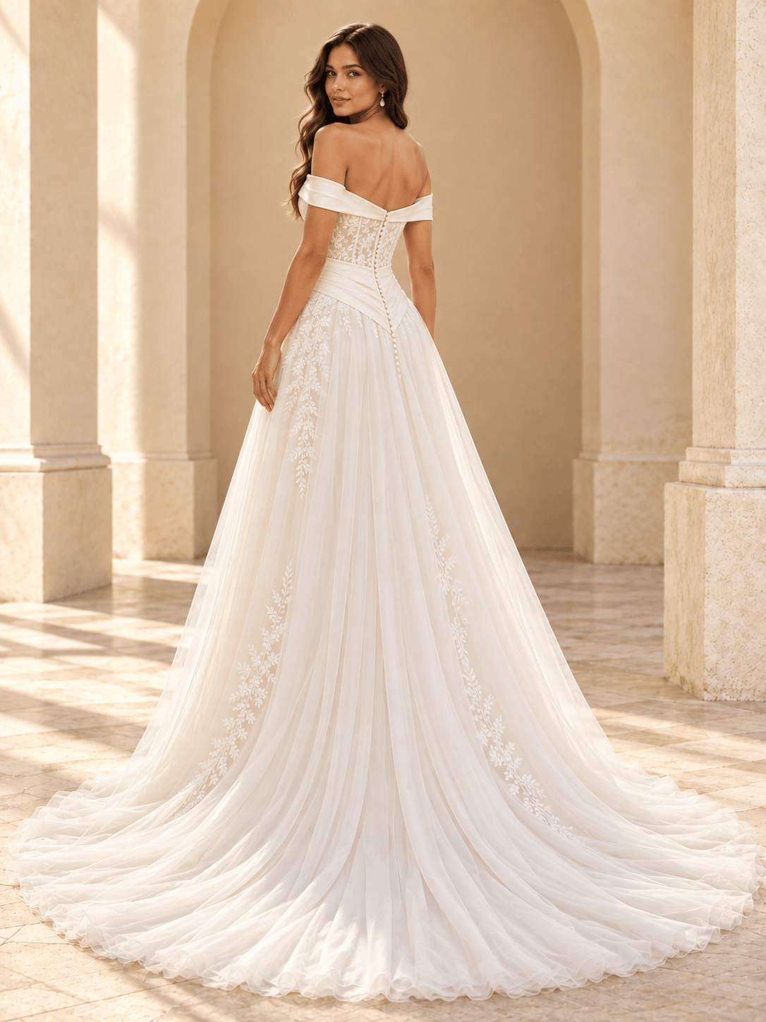 Off-the-Shoulder A-Line Wedding Dress with Lace Bodice & Draped Waist
