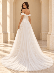 Off-the-Shoulder A-Line Wedding Dress with Lace Bodice & Draped Waist