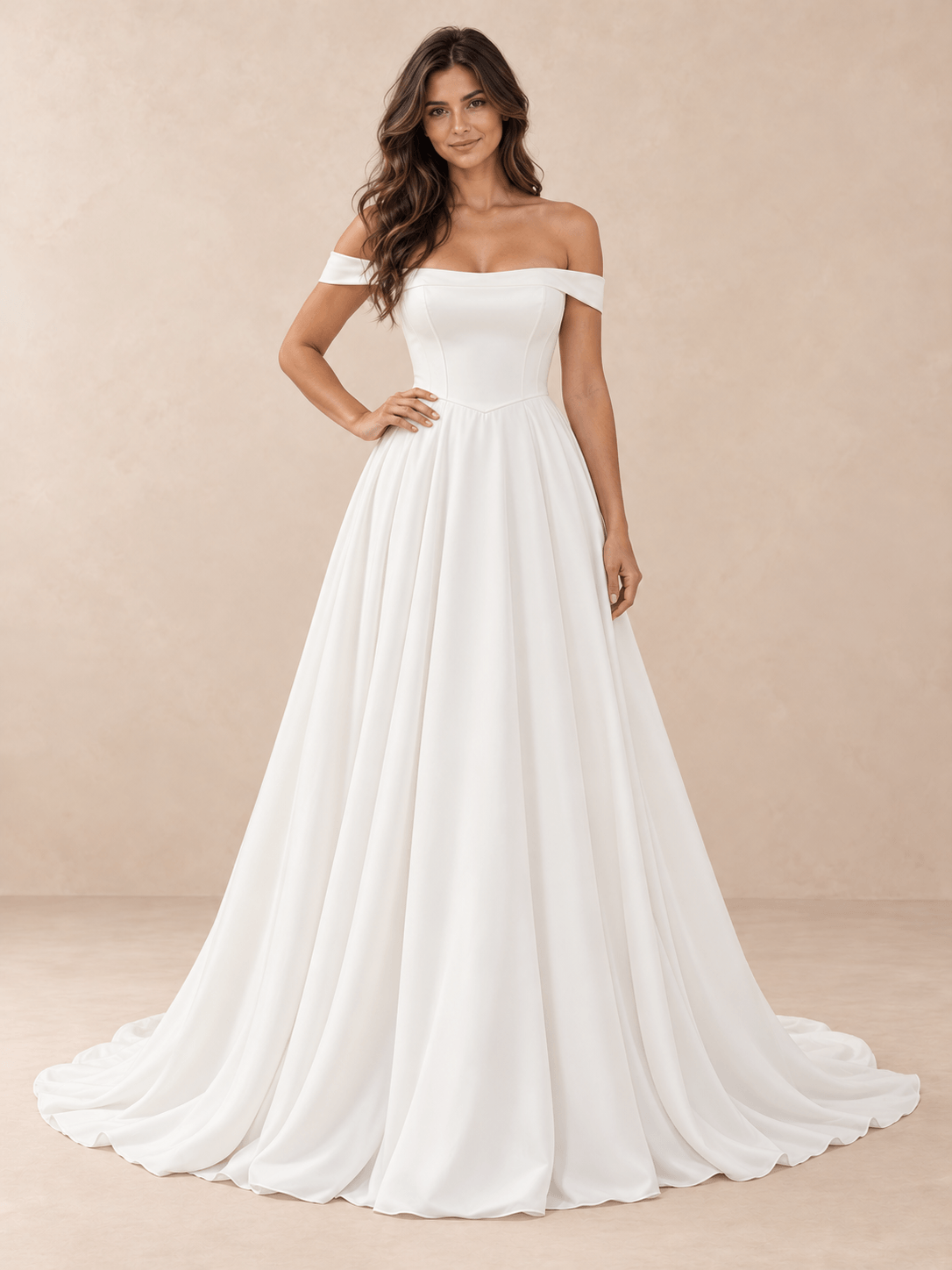Off-the-Shoulder Band Sleeves Satin Ball Gown Wedding Dress with Sweep Train