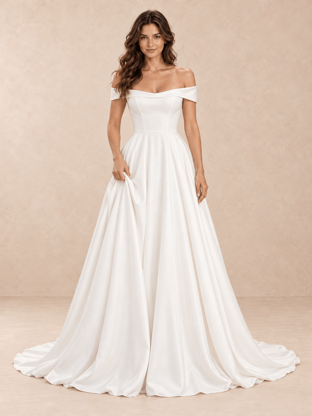 Off-the-Shoulder Band Sleeves Satin Ball Gown Wedding Dress with Sweep Train