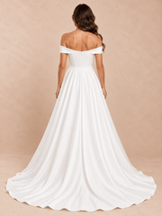 Off-the-Shoulder Band Sleeves Satin Ball Gown Wedding Dress with Sweep Train