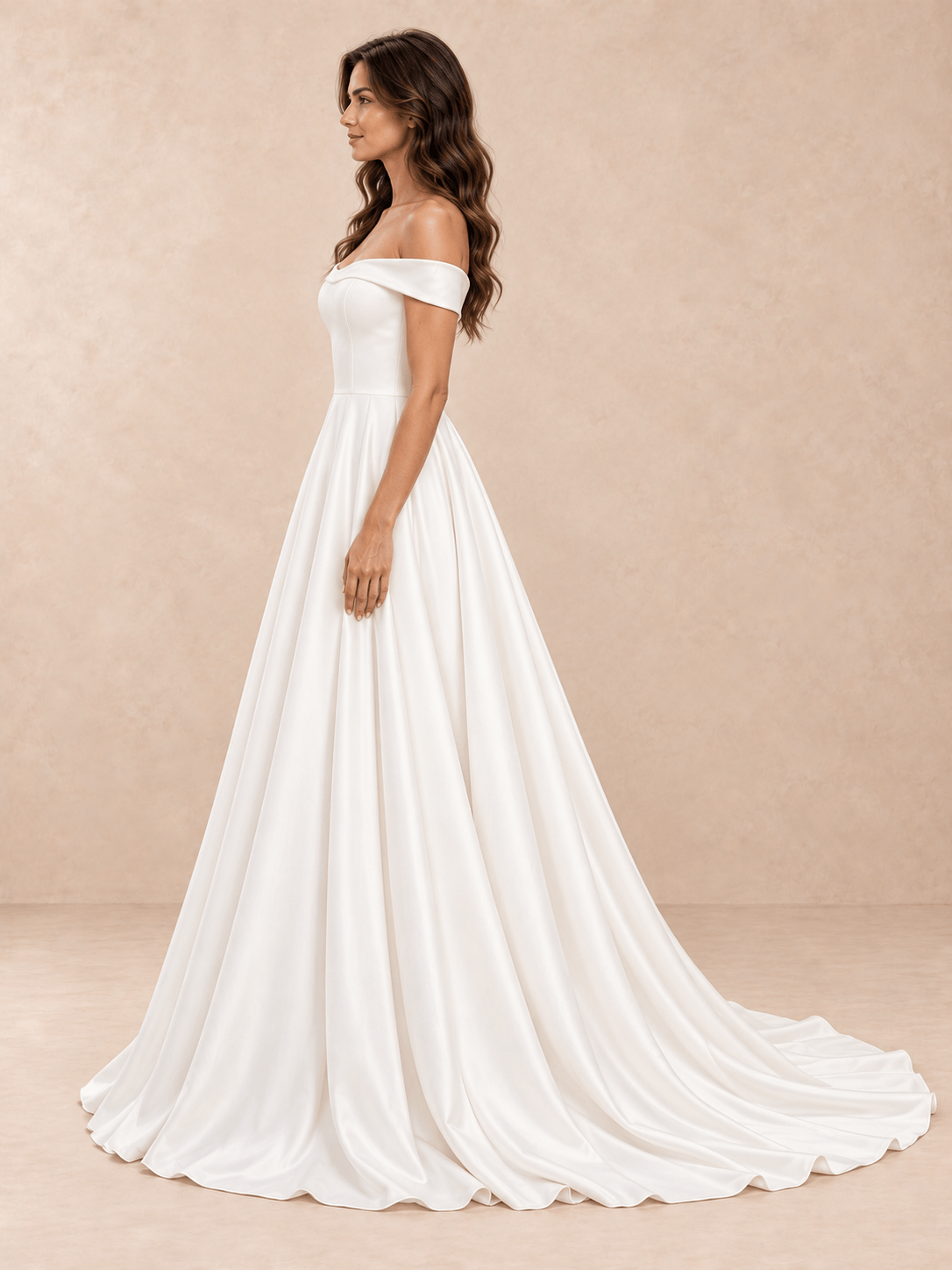 Off-the-Shoulder Band Sleeves Satin Ball Gown Wedding Dress with Sweep Train