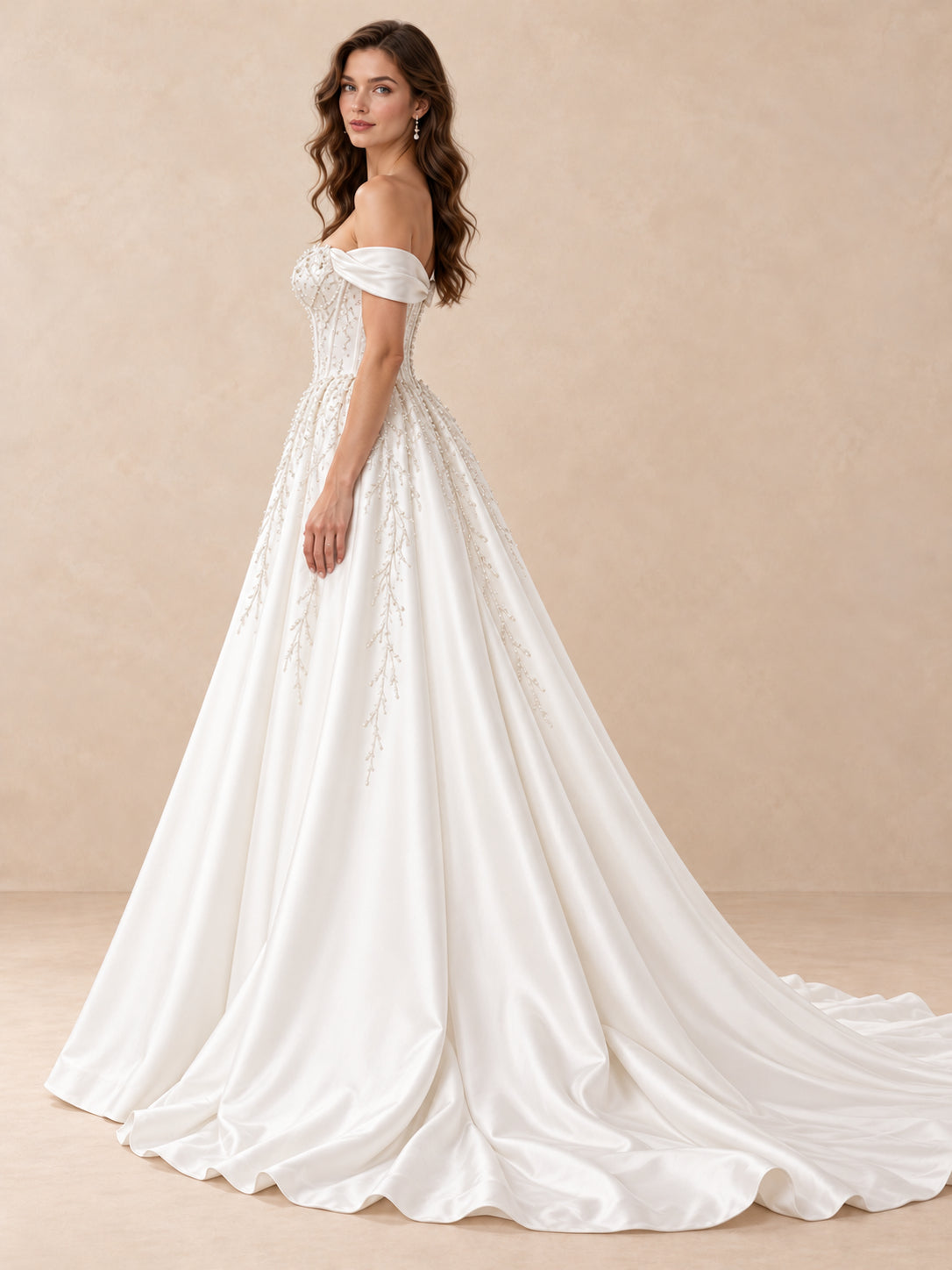 Off-the-Shoulder Beaded Satin Wedding Dress with Sweeping Train