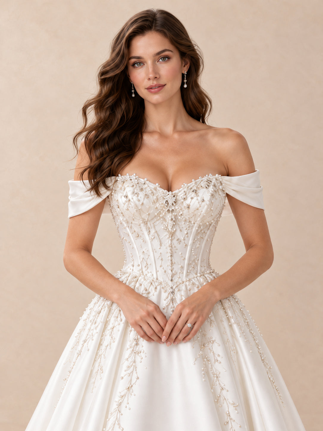 Off-the-Shoulder Beaded Satin Wedding Dress with Sweeping Train