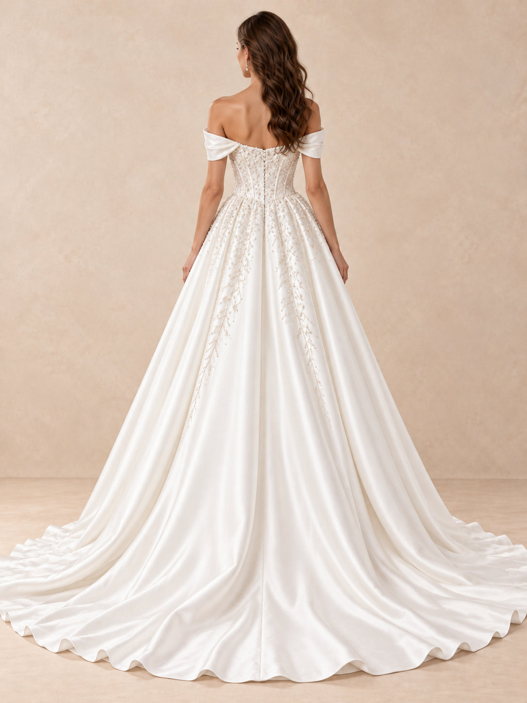Off-the-Shoulder Beaded Satin Wedding Dress with Sweeping Train