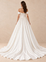 Off-the-Shoulder Beaded Satin Wedding Dress with Sweeping Train