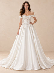 Off-the-Shoulder Beaded Satin Wedding Dress with Sweeping Train