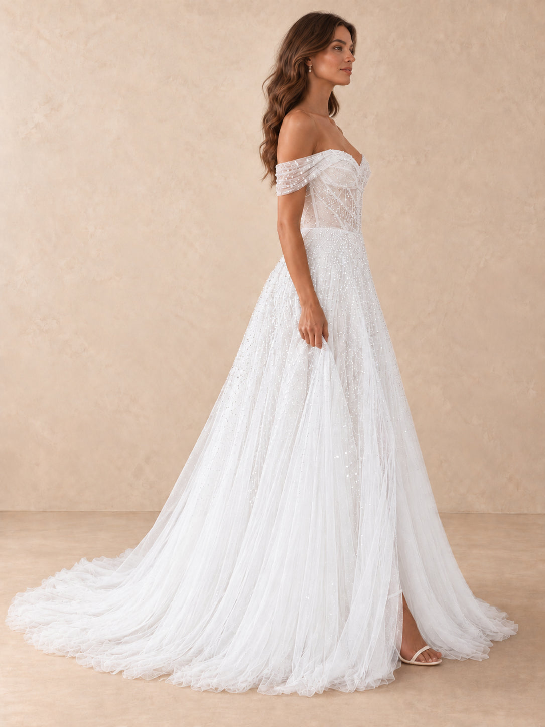 Off-the-Shoulder Beaded Tulle A-Line Wedding Dress with High Slit
