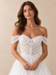 Off-the-Shoulder Beaded Tulle A-Line Wedding Dress with High Slit