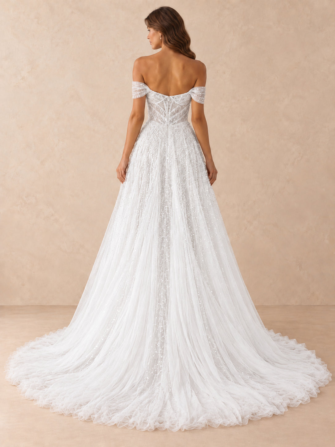 Off-the-Shoulder Beaded Tulle A-Line Wedding Dress with High Slit