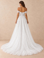 Off-the-Shoulder Beaded Tulle A-Line Wedding Dress with High Slit