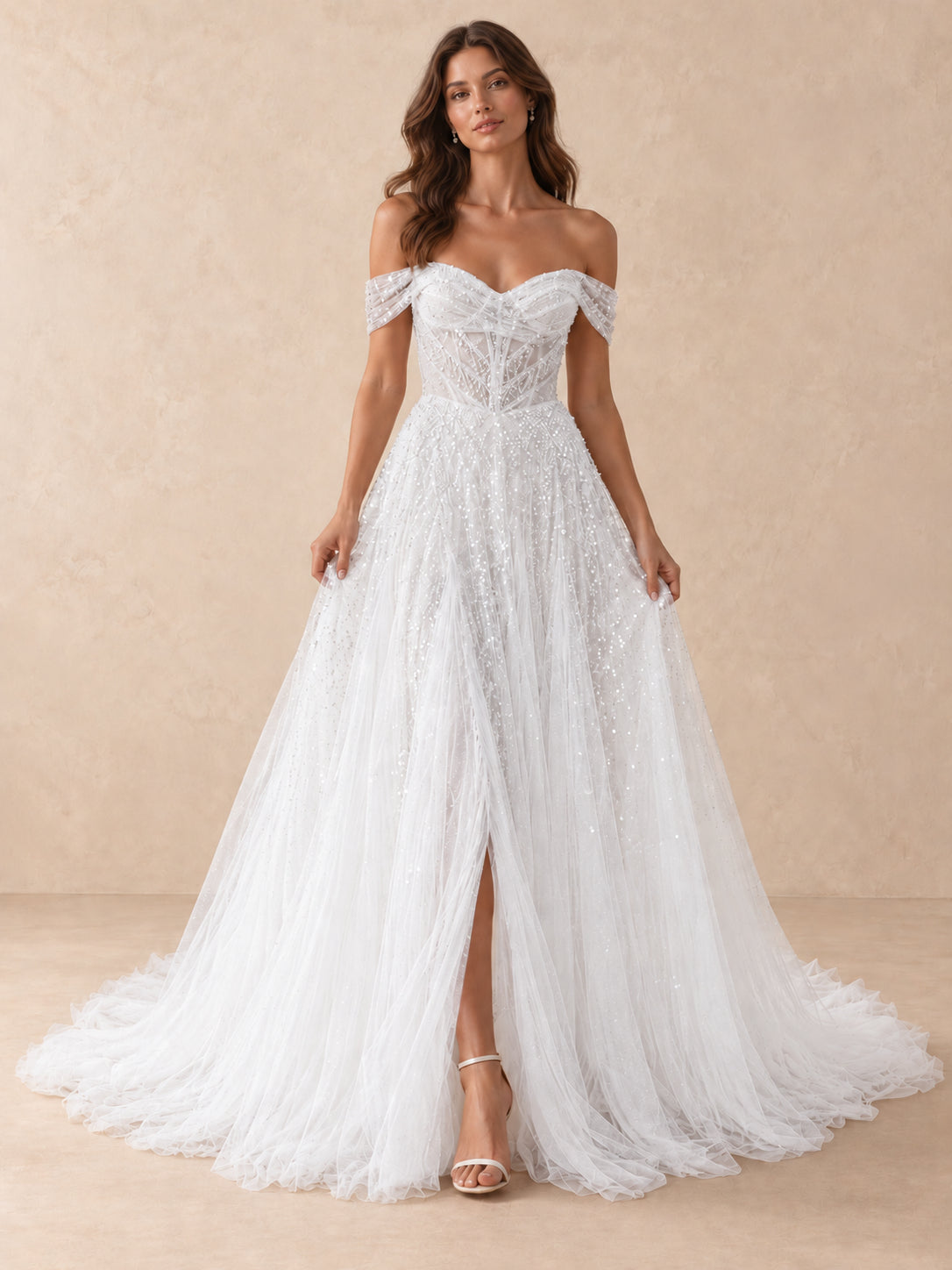 Off-the-Shoulder Beaded Tulle A-Line Wedding Dress with High Slit