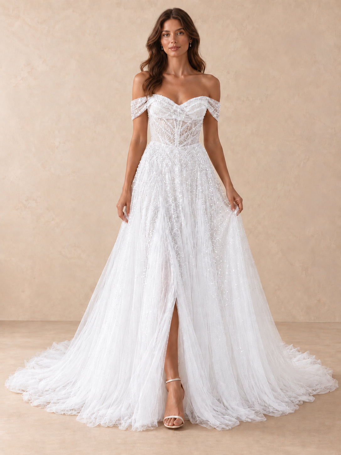 Off-the-Shoulder Beaded Tulle A-Line Wedding Dress with High Slit
