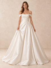 Off-the-Shoulder Draped Mikado Satin Wedding Dress with Sweep Train