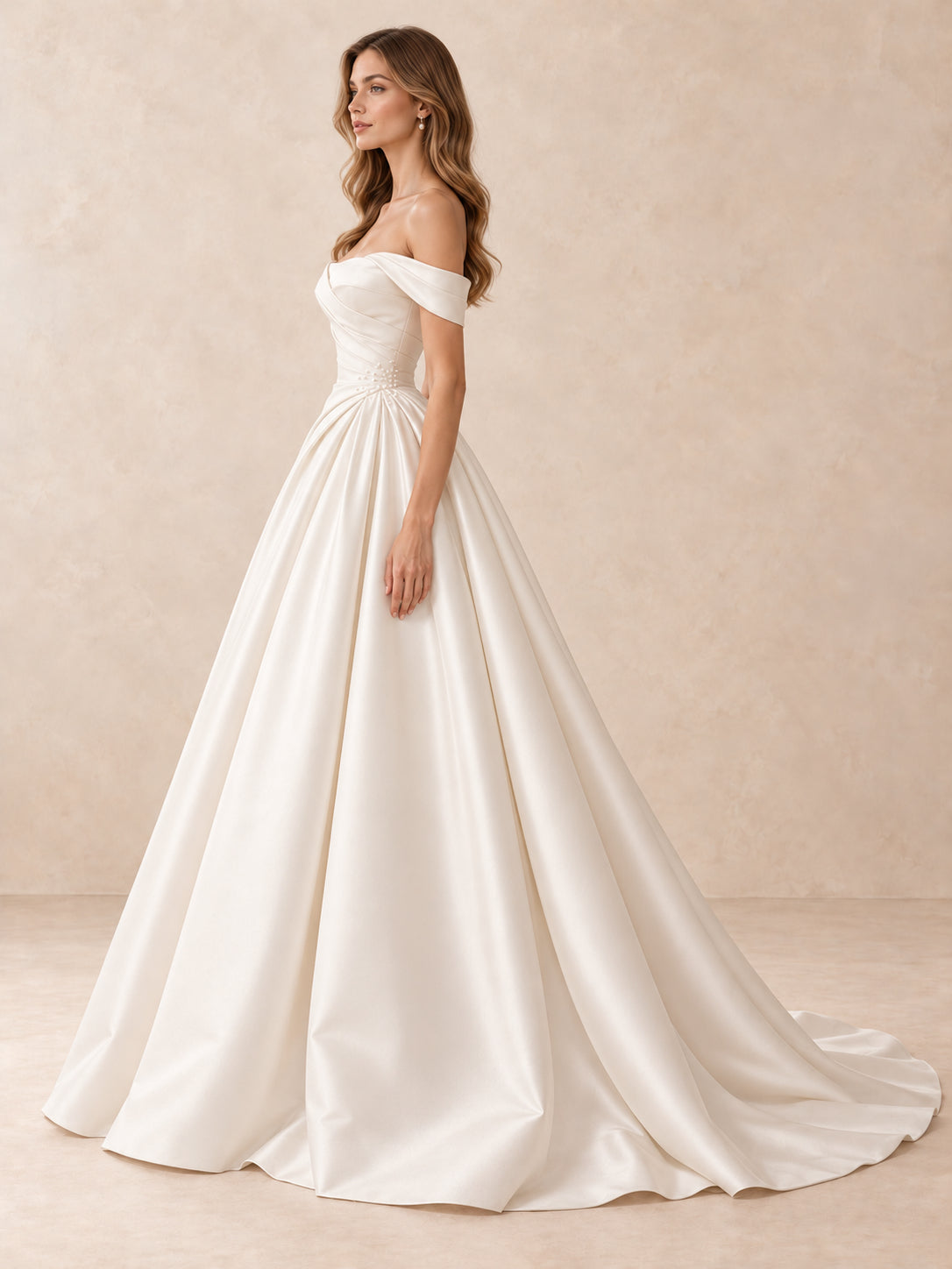 Off-the-Shoulder Draped Mikado Satin Wedding Dress with Sweep Train