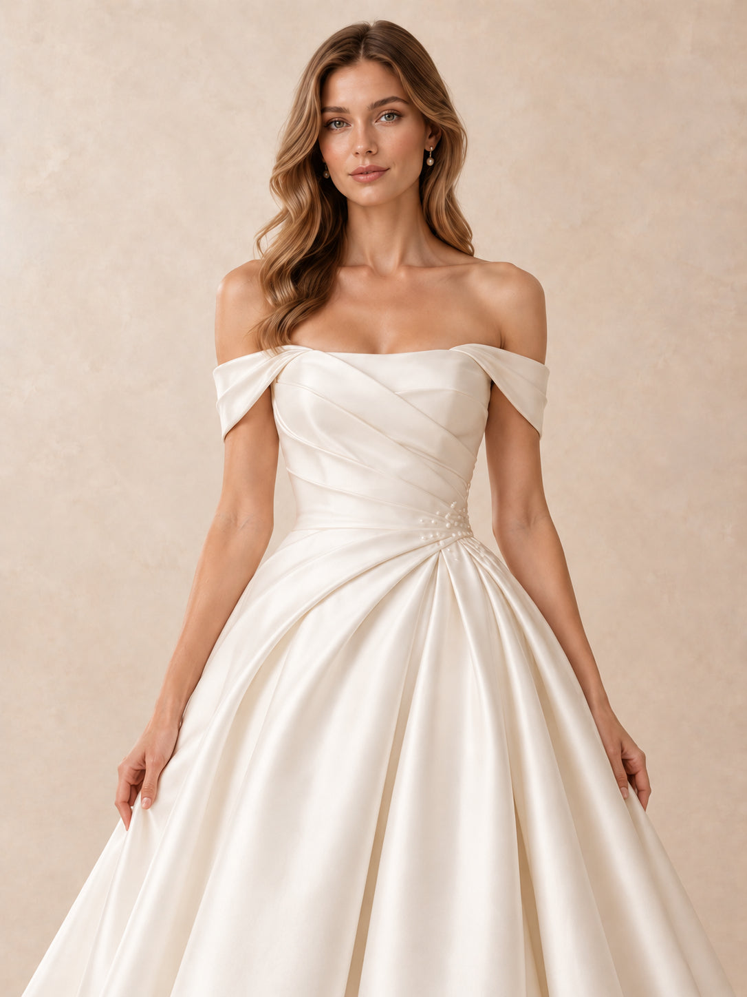 Off-the-Shoulder Draped Mikado Satin Wedding Dress with Sweep Train