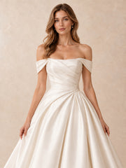Off-the-Shoulder Draped Mikado Satin Wedding Dress with Sweep Train