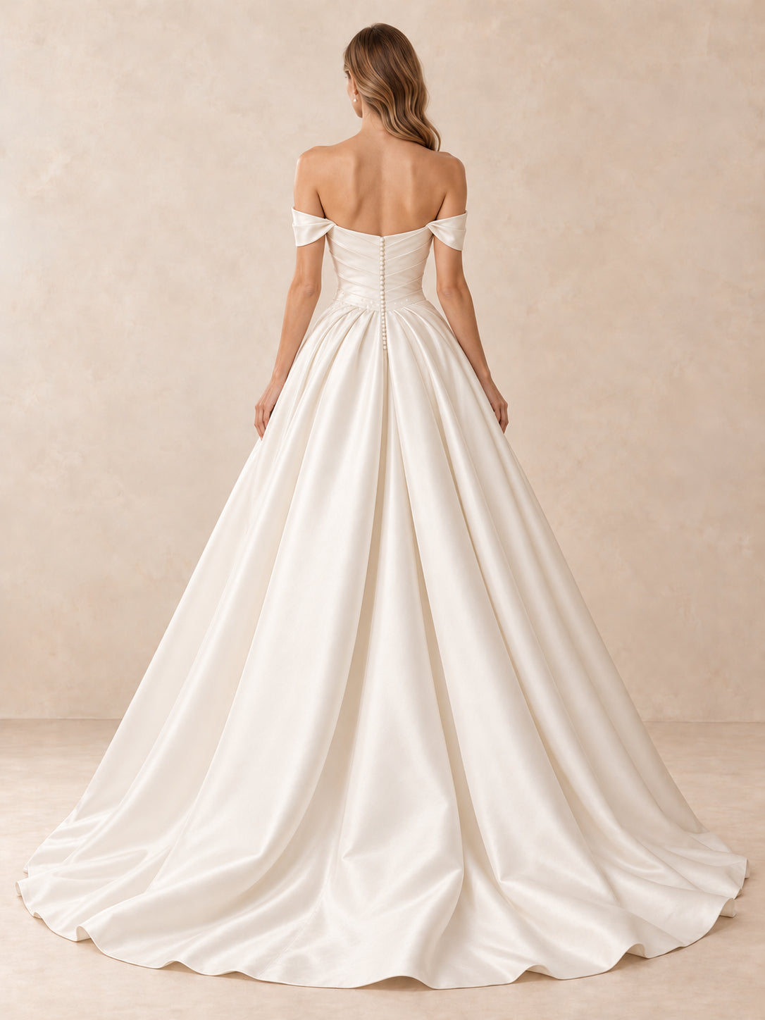 Off-the-Shoulder Draped Mikado Satin Wedding Dress with Sweep Train