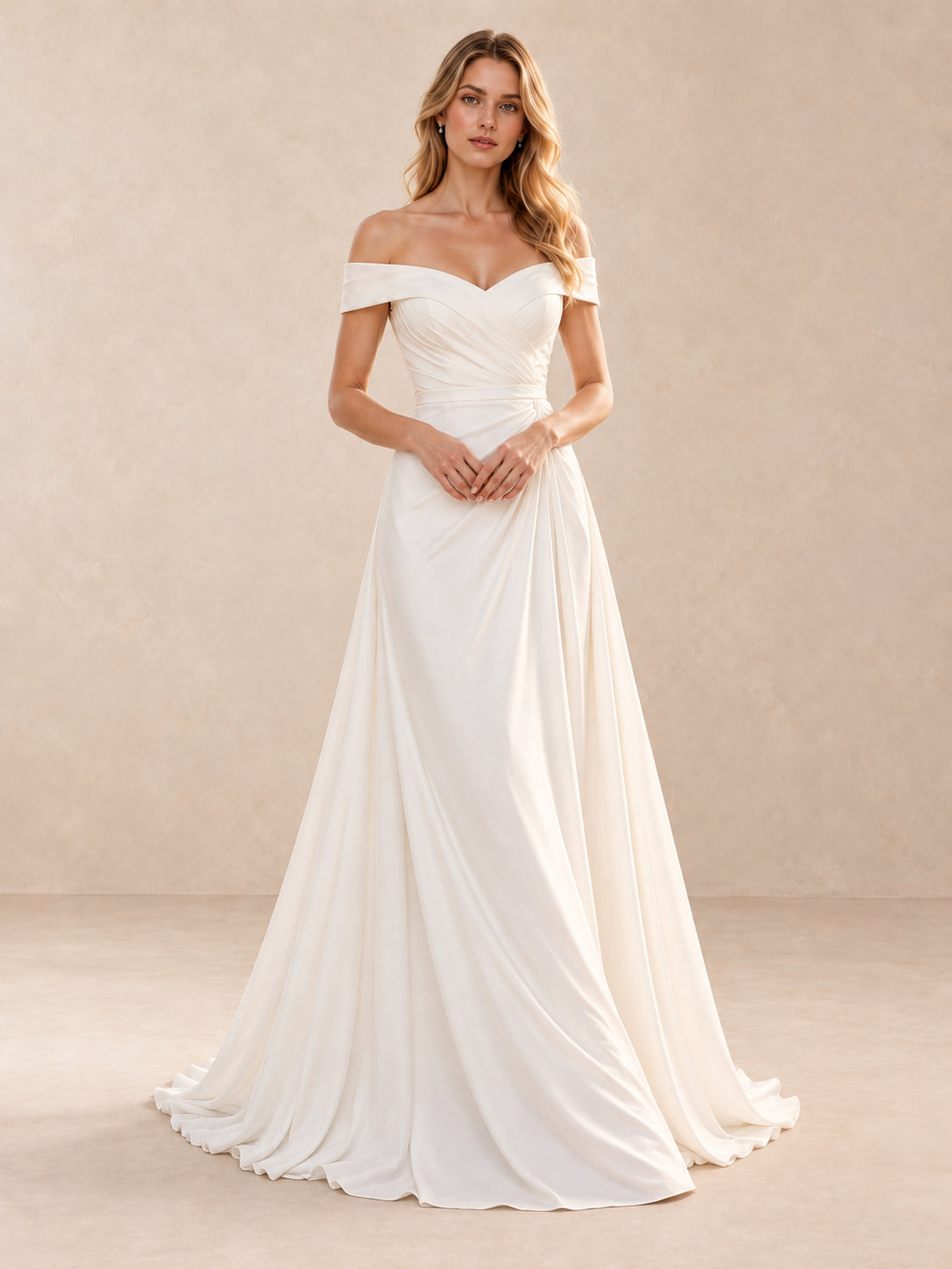 Off-the-Shoulder Draped Neckline Satin A-Line Wedding Dress