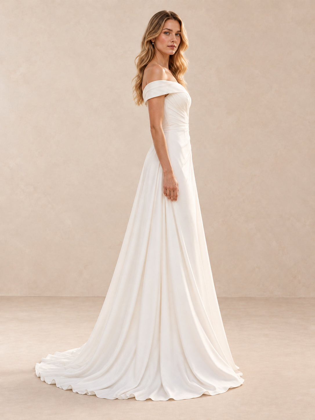 Off-the-Shoulder Draped Neckline Satin A-Line Wedding Dress