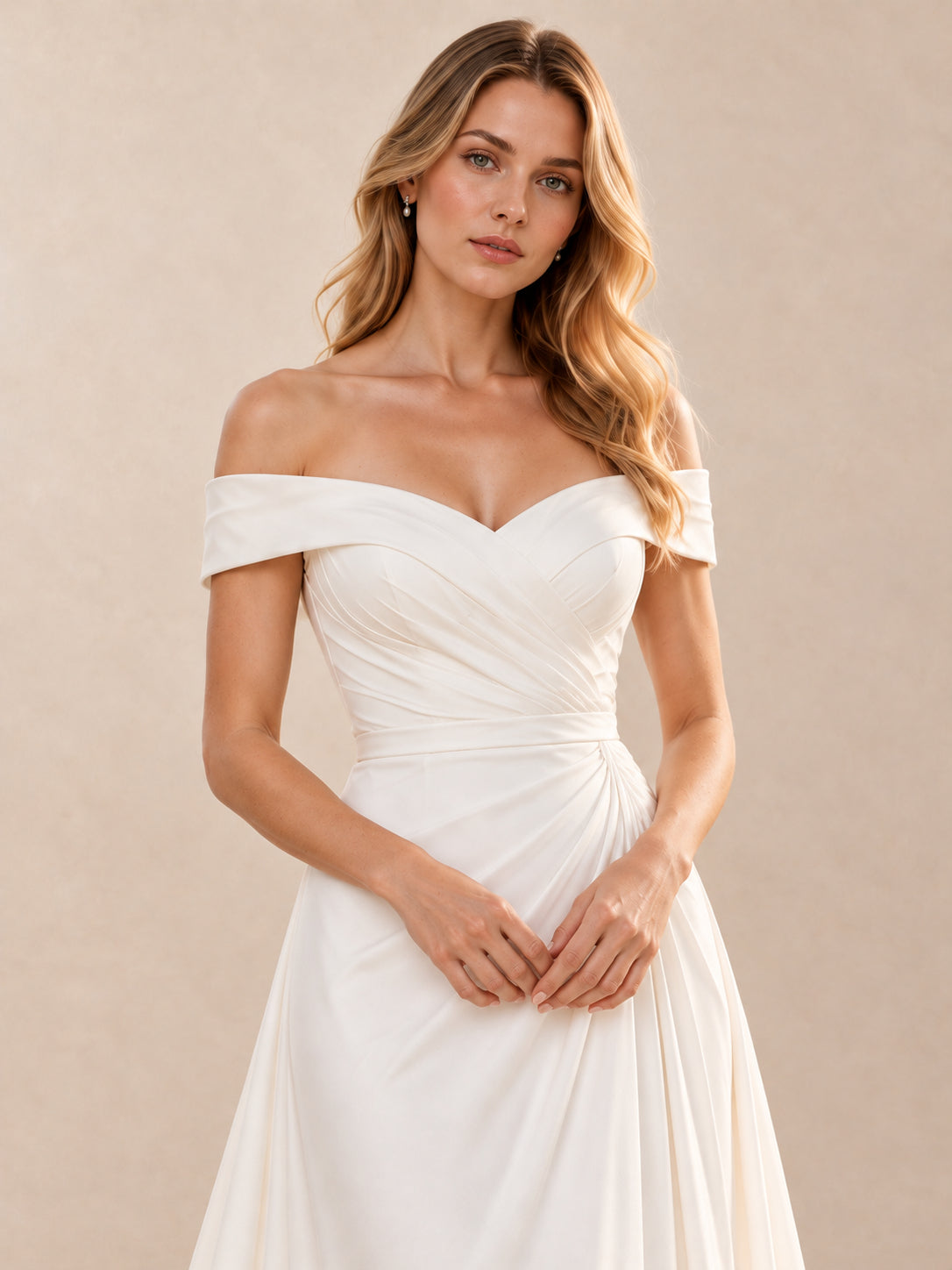 Off-the-Shoulder Draped Neckline Satin A-Line Wedding Dress