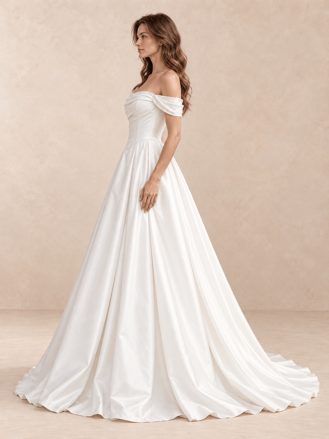 Off-the-Shoulder Draped Satin Ball Gown Wedding Dress with Basque Waist
