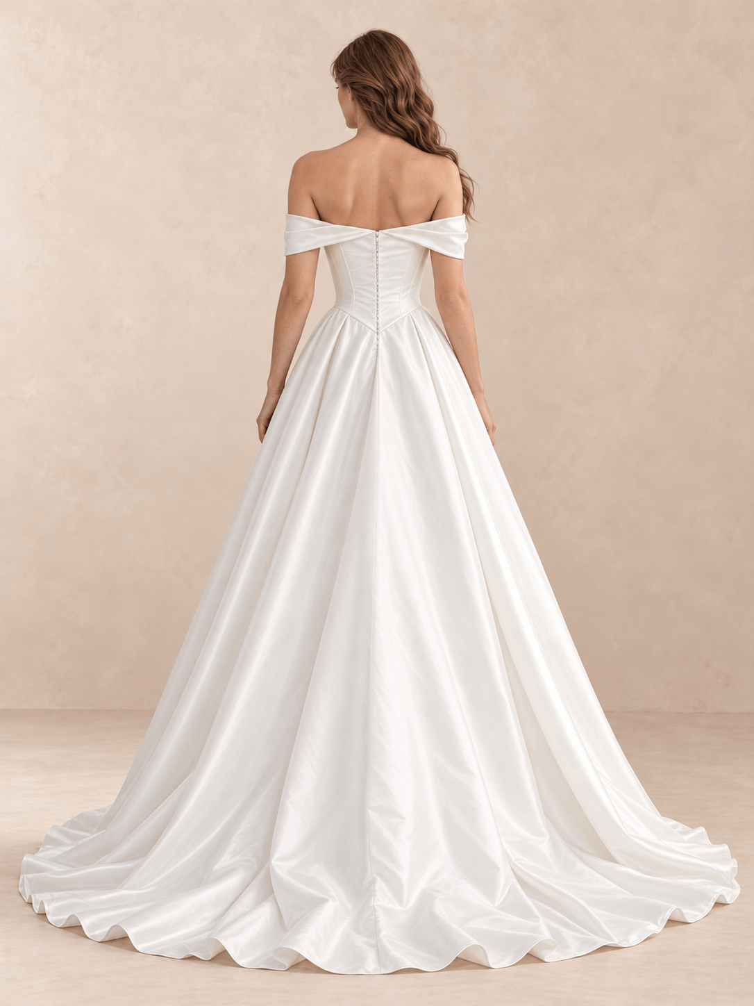 Off-the-Shoulder Draped Satin Ball Gown Wedding Dress with Basque Waist