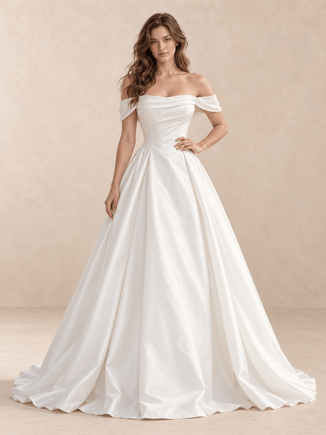 Off-the-Shoulder Draped Satin Ball Gown Wedding Dress with Basque Waist
