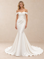 Off-the-Shoulder Draped Satin Mermaid Wedding Dress with Chapel Train