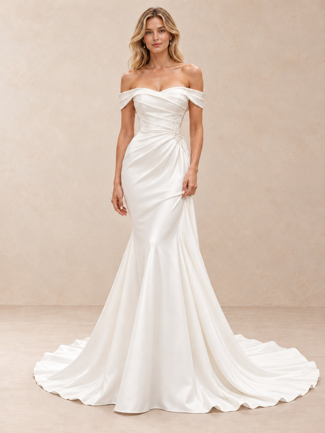 Off-the-Shoulder Draped Satin Mermaid Wedding Dress with Chapel Train