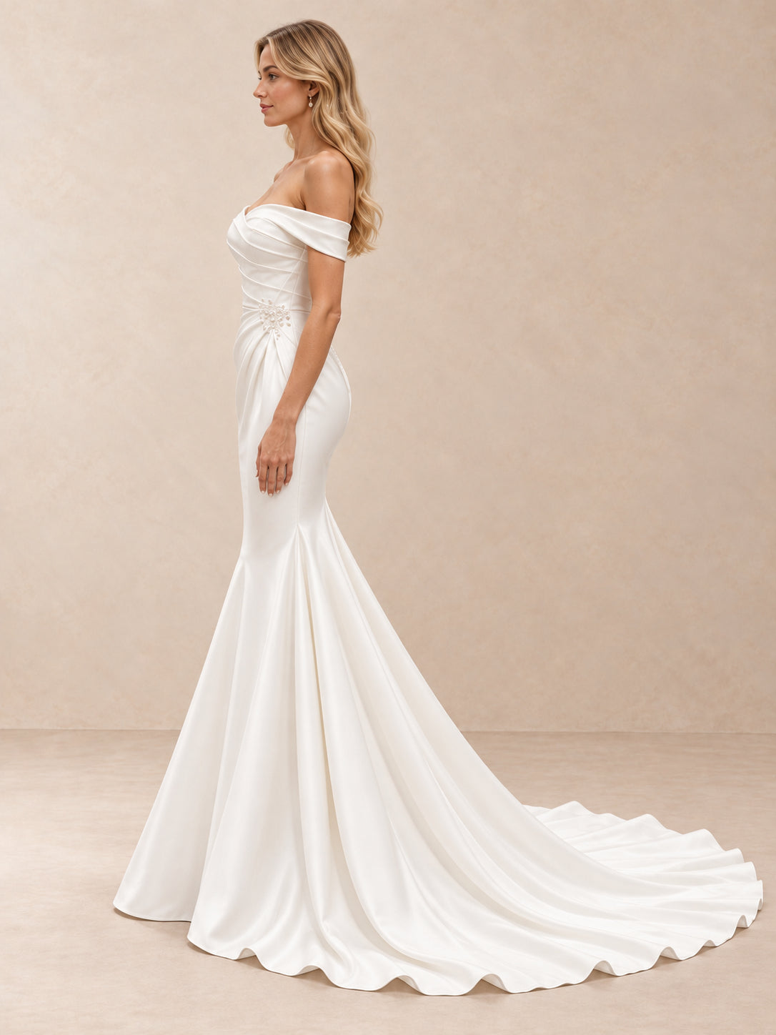 Off-the-Shoulder Draped Satin Mermaid Wedding Dress with Chapel Train