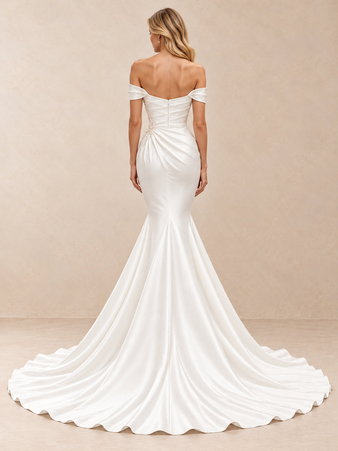 Off-the-Shoulder Draped Satin Mermaid Wedding Dress with Chapel Train