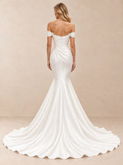 Off-the-Shoulder Draped Satin Mermaid Wedding Dress with Chapel Train