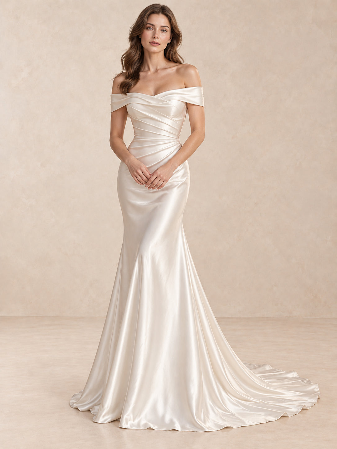 Off-the-Shoulder Draped Satin Mermaid Wedding Dress with Sweep Train