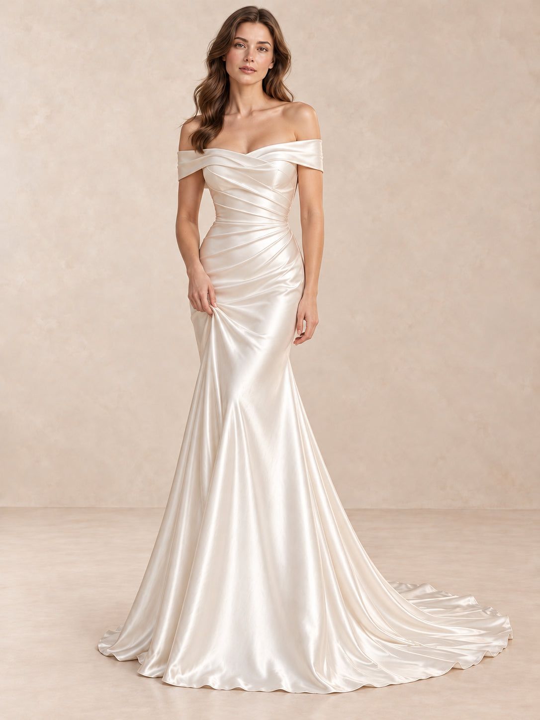 Off-the-Shoulder Draped Satin Mermaid Wedding Dress with Sweep Train