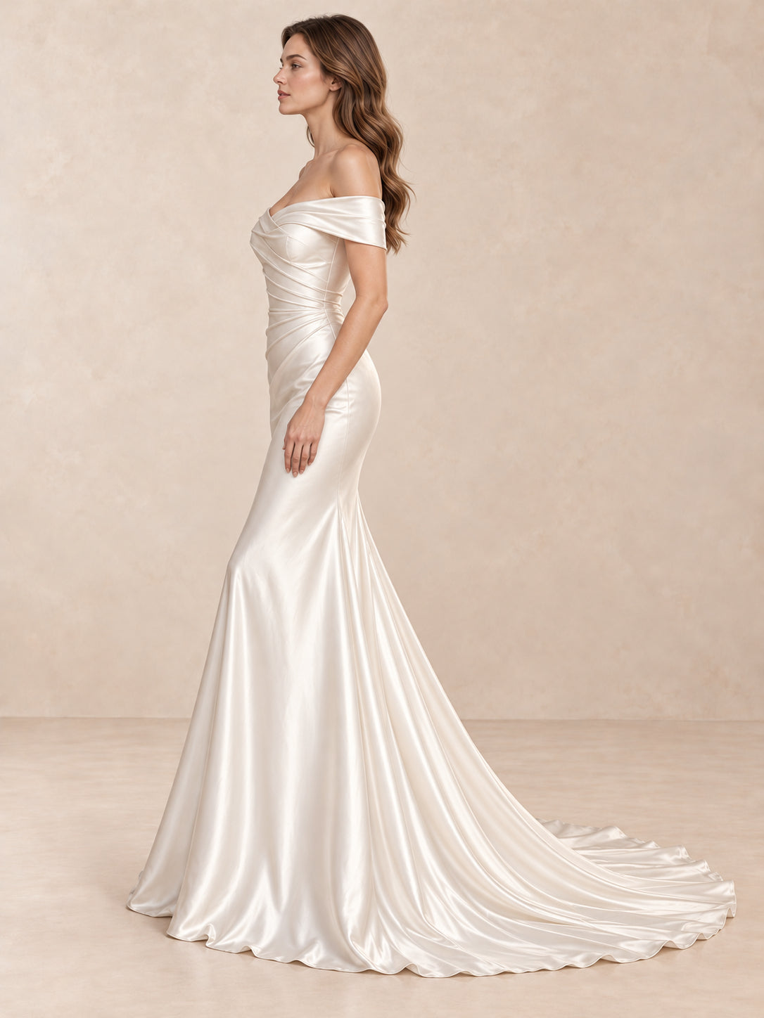 Off-the-Shoulder Draped Satin Mermaid Wedding Dress with Sweep Train