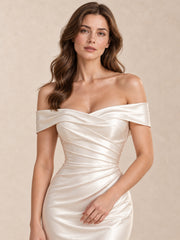Off-the-Shoulder Draped Satin Mermaid Wedding Dress with Sweep Train