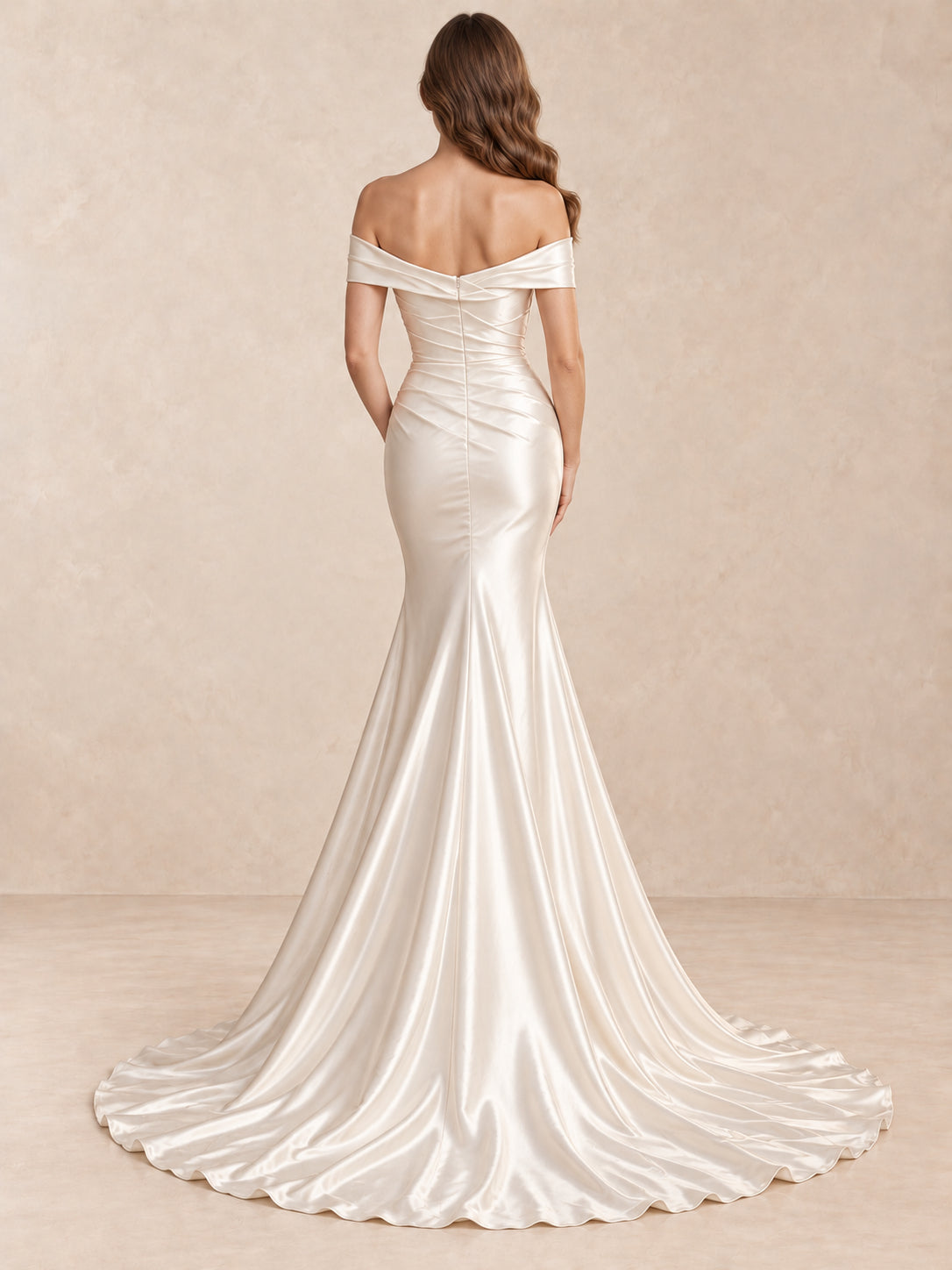 Off-the-Shoulder Draped Satin Mermaid Wedding Dress with Sweep Train