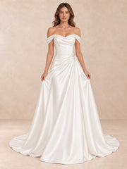 Off-the-Shoulder Draped Satin Wedding Dress with Pearl Accents