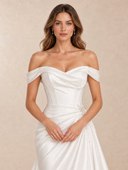 Off-the-Shoulder Draped Satin Wedding Dress with Pearl Accents