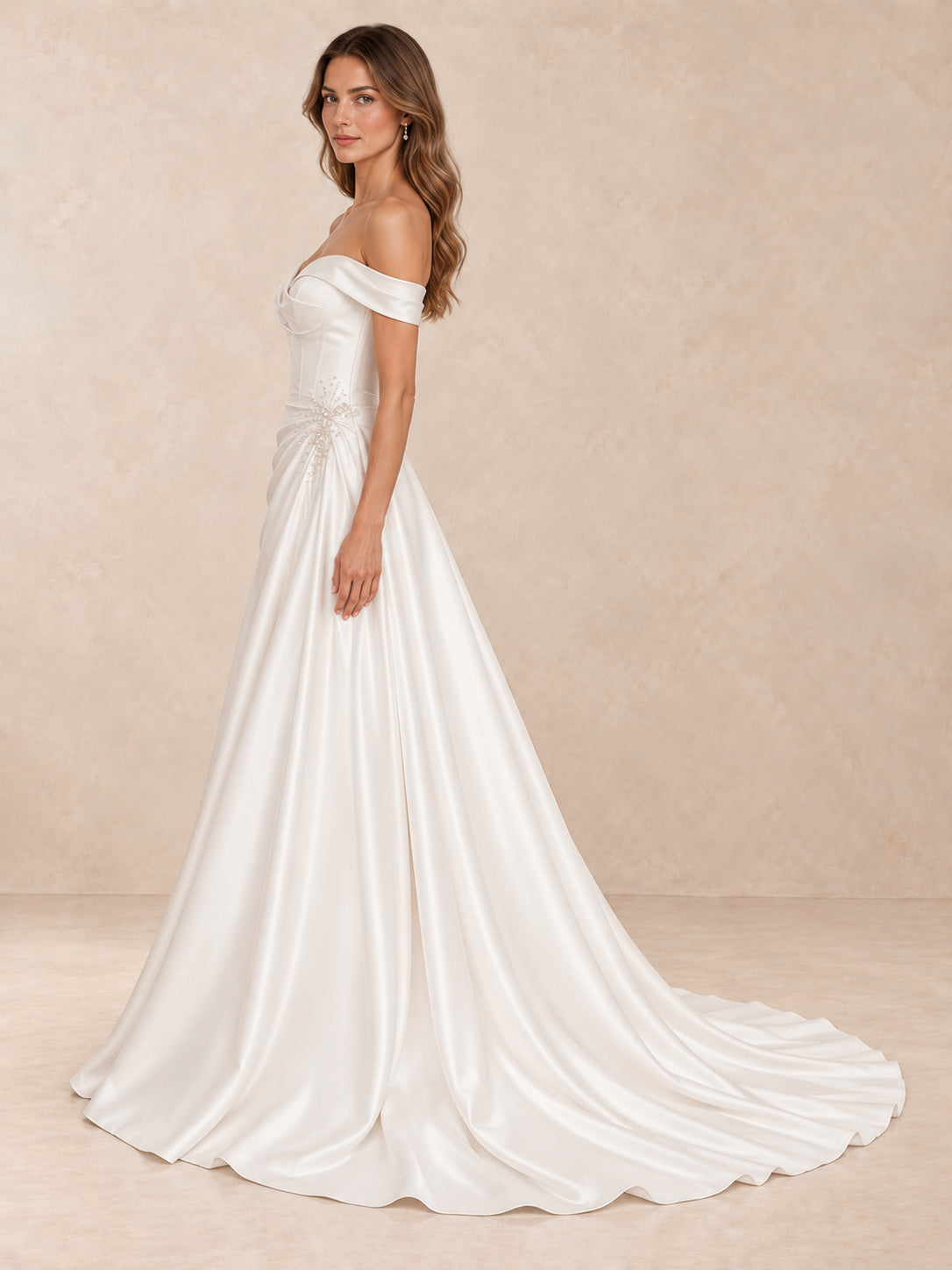 Off-the-Shoulder Draped Satin Wedding Dress with Pearl Accents