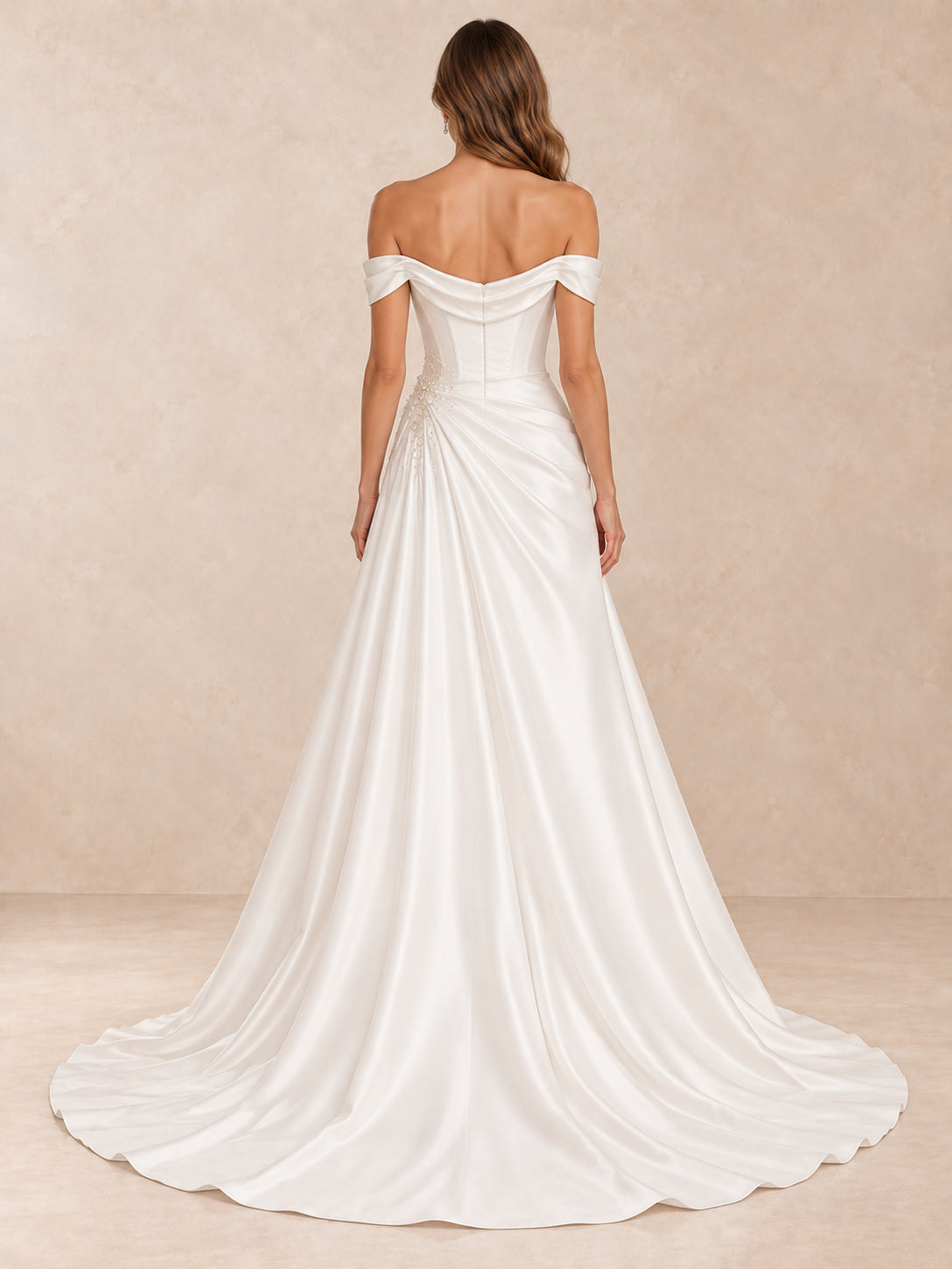 Off-the-Shoulder Draped Satin Wedding Dress with Pearl Accents