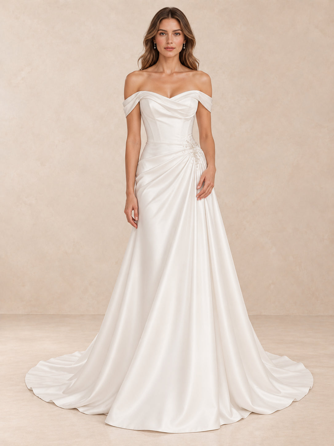Off-the-Shoulder Draped Satin Wedding Dress with Pearl Accents