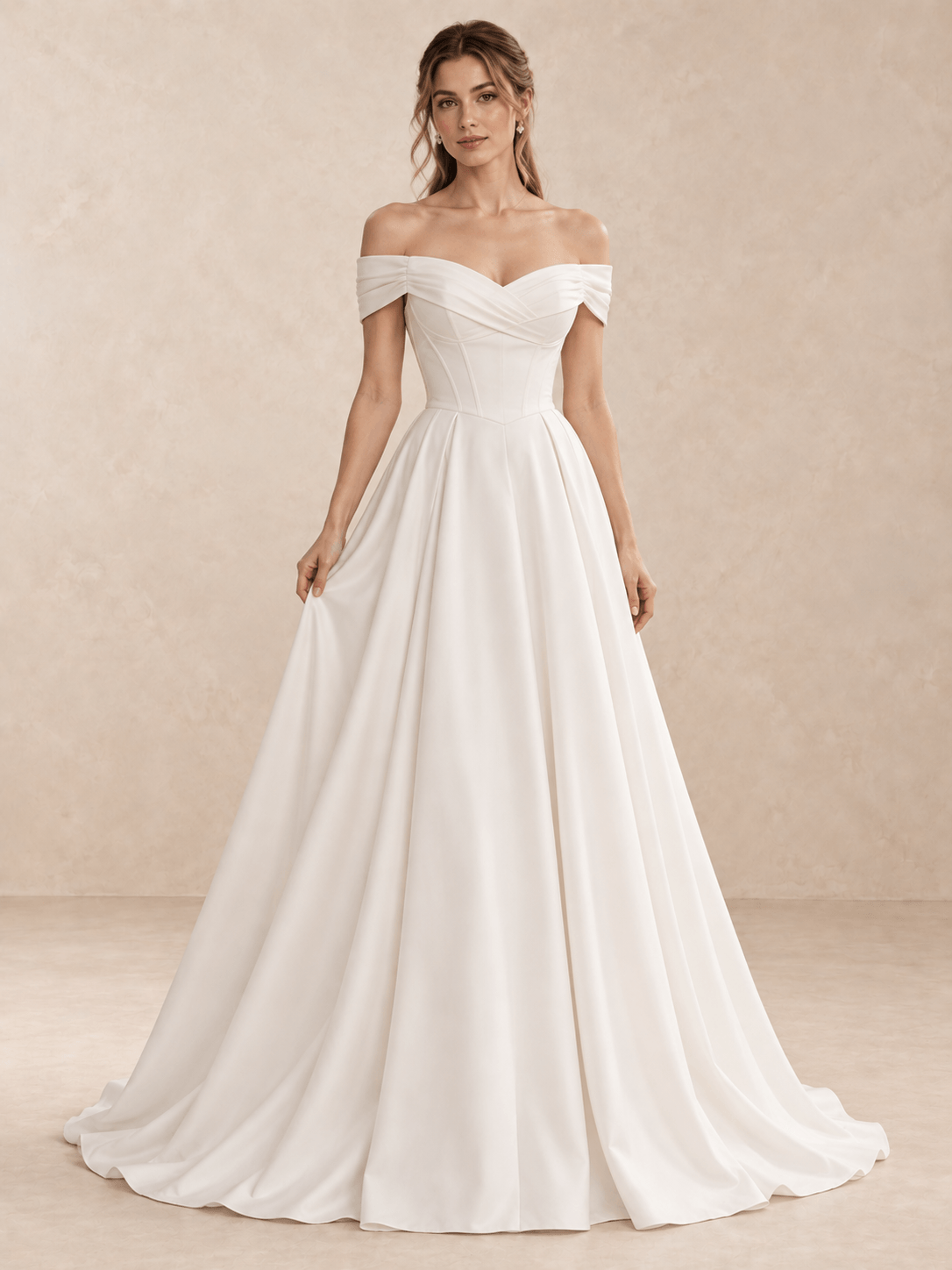 Off-the-Shoulder Draped V-Neck Satin A-Line Wedding Dress